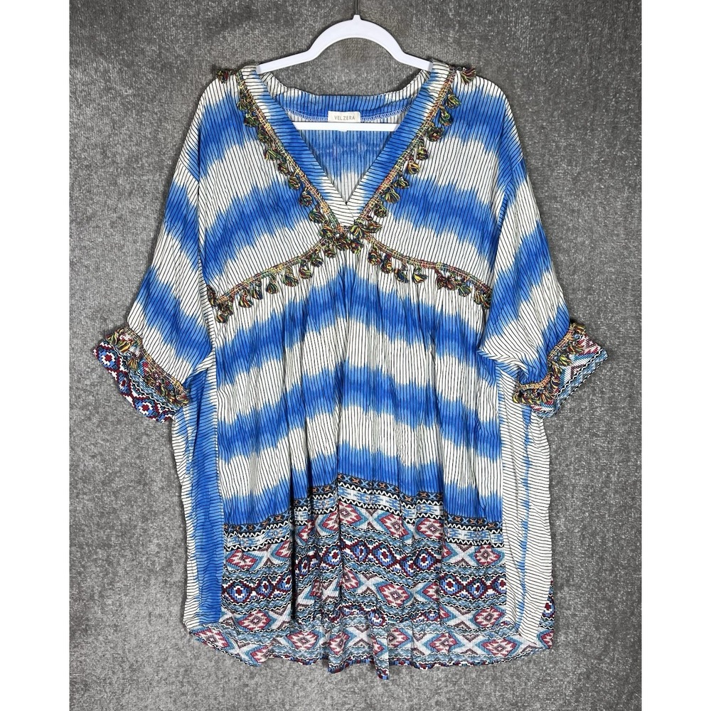 Velzara Semi-Sheer Tunic Cover Up Mini Dress Womens Sz 1XL‎ Rainbow Tassel Aztec